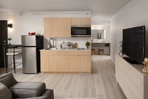 Baltimore apartment for rent - a kitchen and living room with a refrigerator and a sink at Vision on Lombard, Baltimore, MD 21201