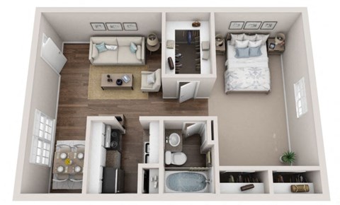 Floor plan for 1 bed, 1 bath, 677 sqft