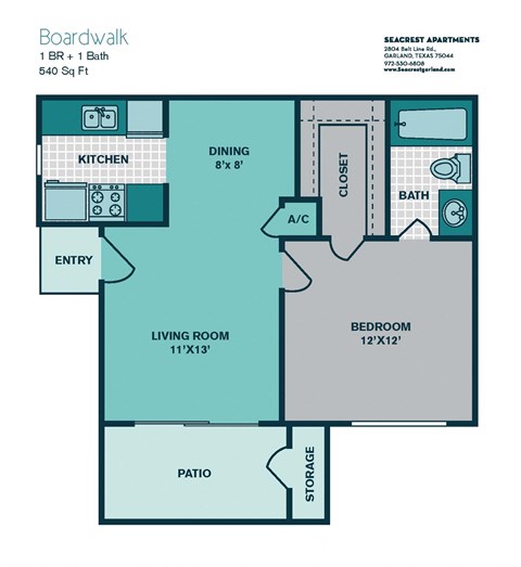 Floor plan for 1 bed, 1 bath, 540 sqft