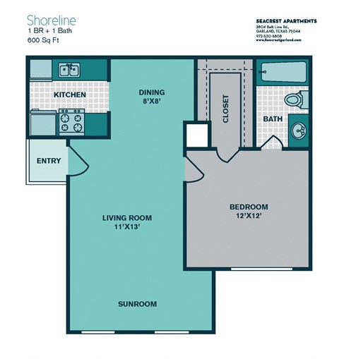 Floor plan for 1 bed, 1 bath, 600 sqft