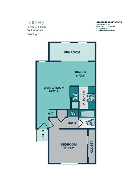 Floor plan for 1 bed, 1 bath, 700 sqft
