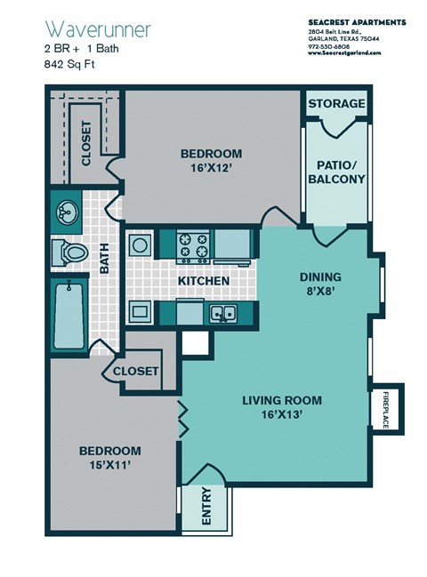 Floor plan for 1 bed, 1 bath, 842 sqft