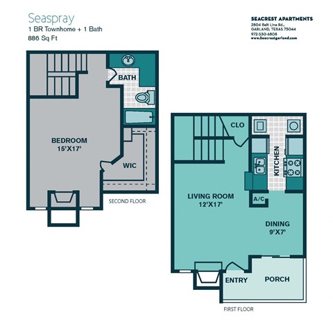 Floor plan for 1 bed, 1 bath, 886 sqft