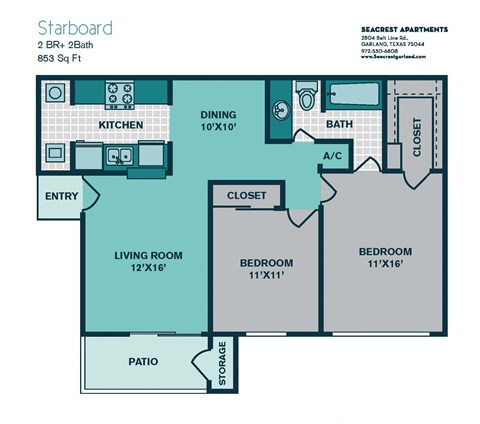 Floor plan for 2 beds, 1 bath, 853 sqft