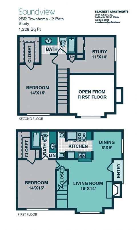 Floor plan for 2 beds, 2 baths, 1229 sqft