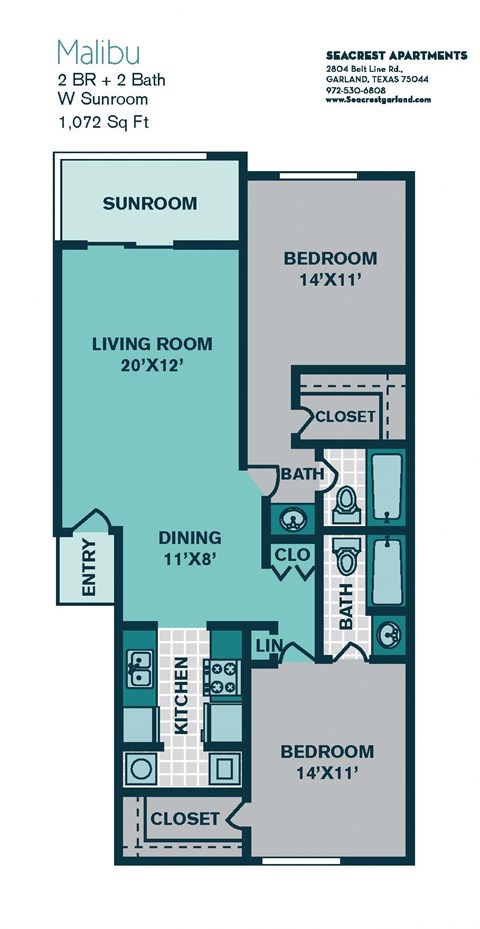Floor plan for 2 beds, 2 baths, 1072 sqft