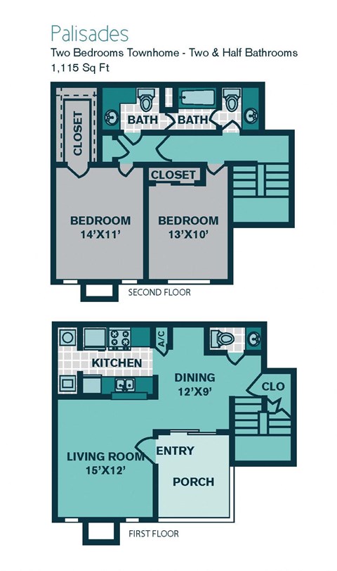 Floor plan for 2 beds, 2.5 baths, 1115 sqft
