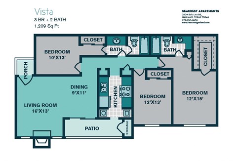 Floor plan for 3 beds, 2 baths, 1209 sqft
