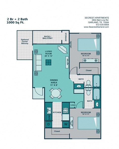 Floor plan for 2 beds, 2 baths, 1000 sqft
