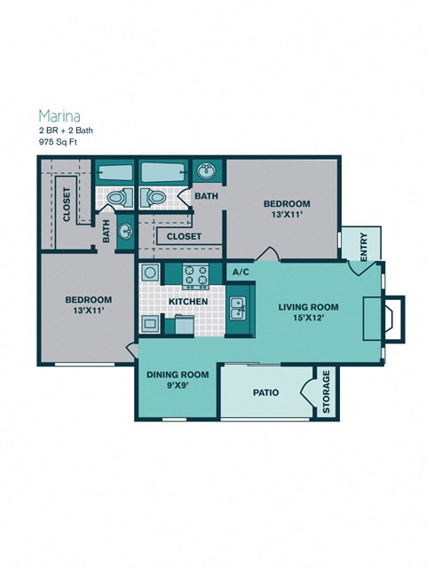 Floor plan for 2 beds, 2 baths, 975 sqft