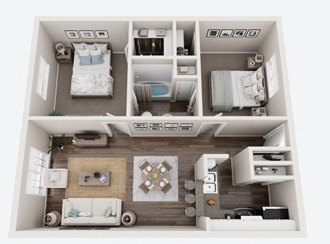 Floor plan for 2 beds, 1 bath, 862 sqft