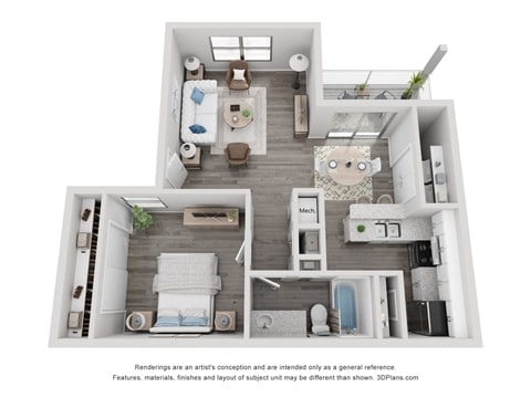 Floor plan for 1 bed, 1 bath, 740 sqft
