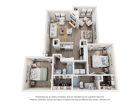 Floor plan for 2 beds, 2 baths, 1046 sqft