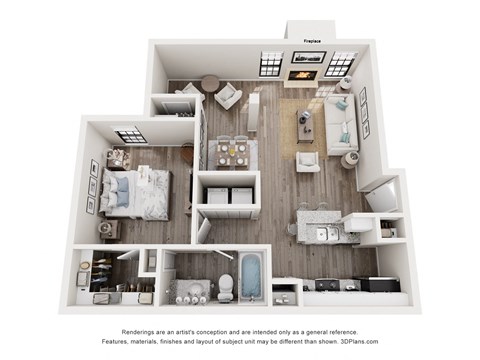 Floor plan for 1 bed, 1 bath, 822 sqft