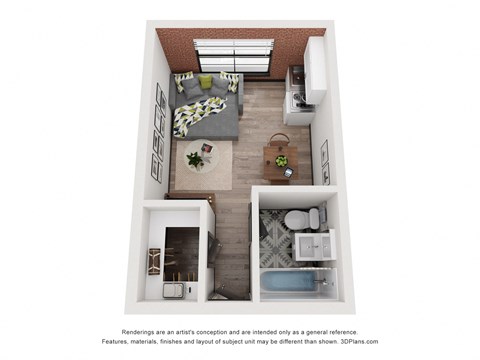 Floor plan for studio, 1 bath, 250 sqft