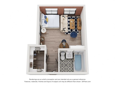 Floor plan for studio, 1 bath, 250 sqft
