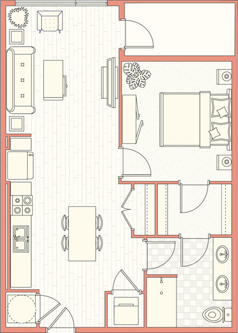 Floor plan for 1 bed, 1 bath, 737 sqft