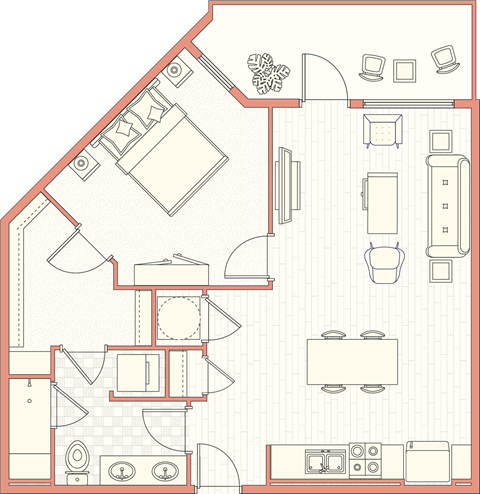 Floor plan for 1 bed, 1 bath, 798 sqft