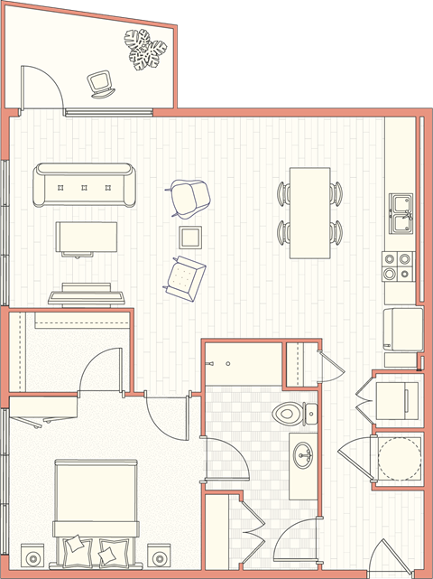 Floor plan for 1 bed, 1 bath, 865 sqft