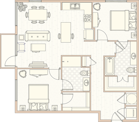 Floor plan for 2 beds, 2 baths, 1061 sqft