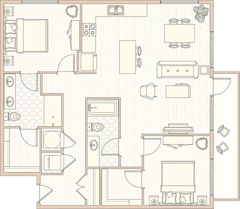 Floor plan for 2 beds, 2 baths, 1167 sqft