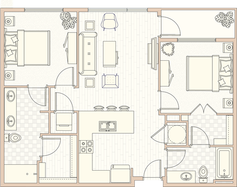 Floor plan for 2 beds, 2 baths, 966 sqft