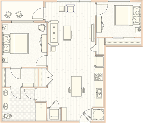 Floor plan for 1 bed, 1 bath, 1028 sqft