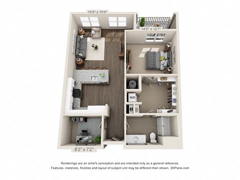 Floor plan for 1 bed, 1 bath, 976 sqft