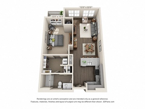 Floor plan for 1 bed, 1 bath, 854 sqft