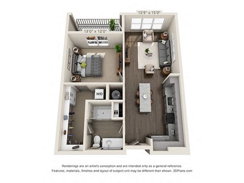 Floor plan for 1 bed, 1 bath, 773 sqft