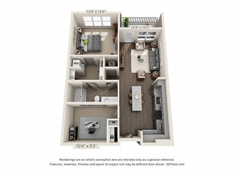 Floor plan for 1 bed, 1 bath, 890 sqft