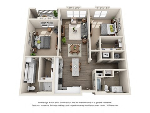 Floor plan for 2 beds, 2 baths, 1197 sqft