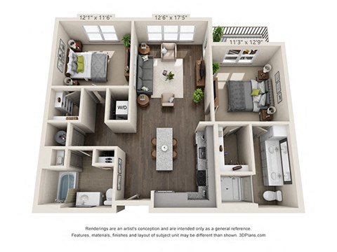 Floor plan for 2 beds, 2 baths, 1360 sqft