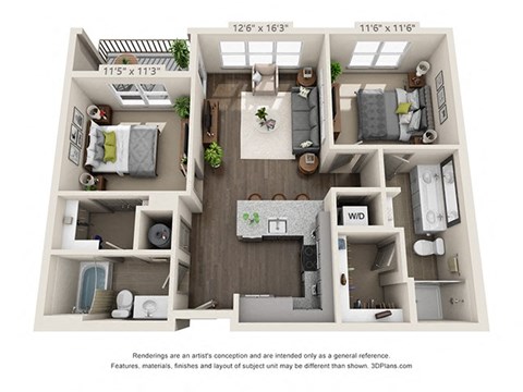 Floor plan for 2 beds, 2 baths, 962 sqft
