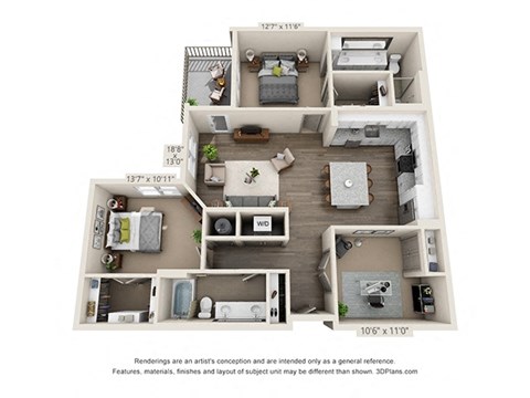 Floor plan for 2 beds, 2 baths, 1360 sqft