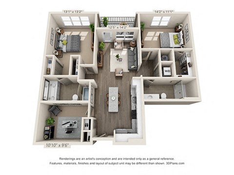 Floor plan for 2 beds, 2 baths, 1266 sqft