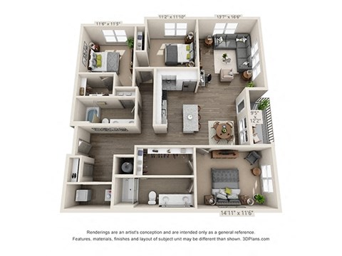 Floor plan for 3 beds, 2 baths, 1556 sqft