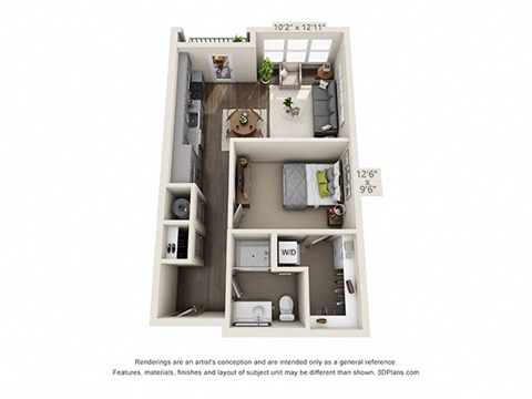 Floor plan for studio, 1 bath, 635 sqft