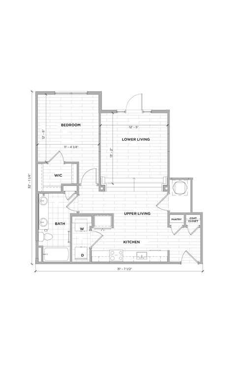 Floor plan for 1 bed, 1 bath, 831 sqft