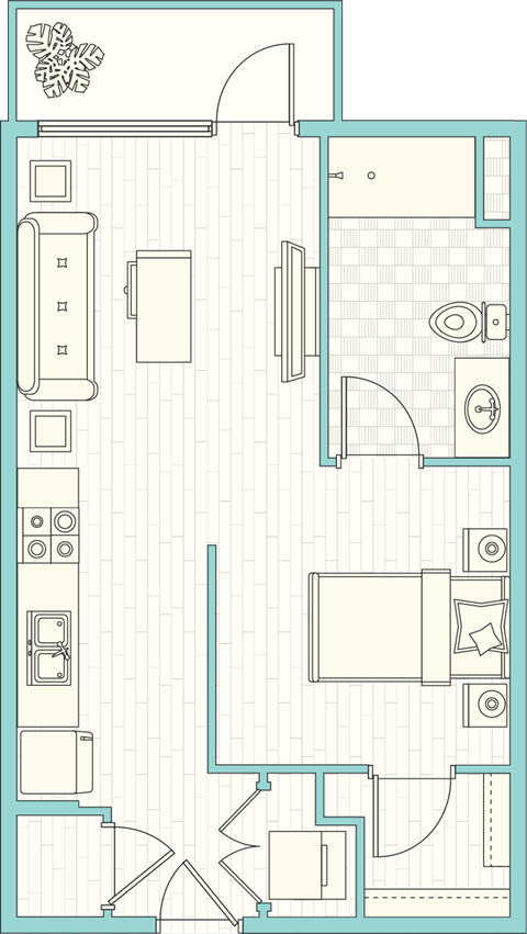 Floor plan for studio, 1 bath, 501 sqft