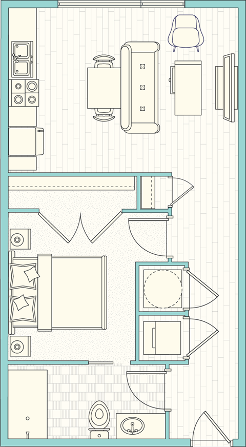Floor plan for studio, 1 bath, 594 sqft