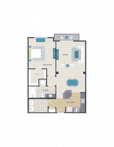 Floor plan for 1 bed, 1 bath, 844 sqft