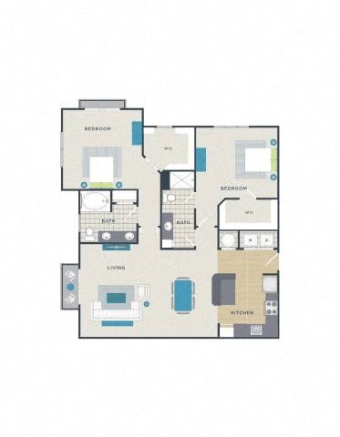 Floor plan for 2 beds, 2 baths, 1303 sqft