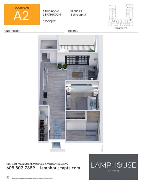 Floor plan for studio, 1 bath, 535 sqft
