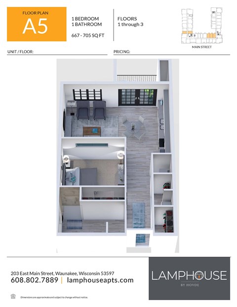 Floor plan for studio, 1 bath, 667 sqft