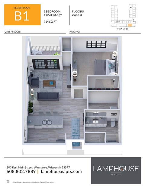 Floor plan for 1 bed, 1 bath, 714 sqft