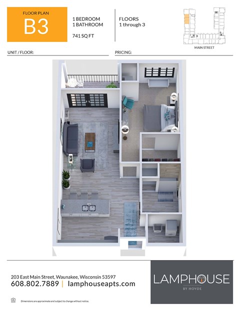 Floor plan for 1 bed, 1 bath, 741 sqft