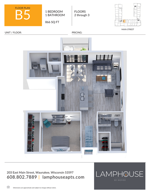 Floor plan for 1 bed, 1 bath, 866 sqft