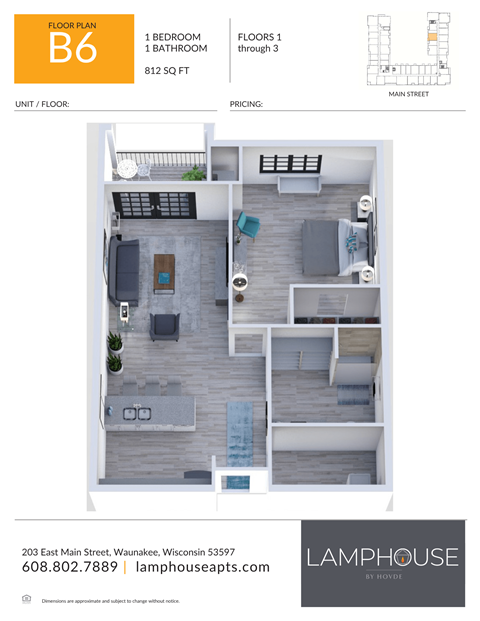 Floor plan for 1 bed, 1 bath, 812 sqft