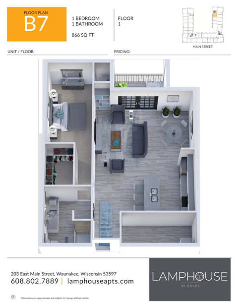 Floor plan for 1 bed, 1 bath, 866 sqft